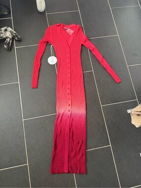 Staud Shoko Sweater XS NWT Ribbed Button-Front Ombre Maxi Dress Red dusk dip dye
